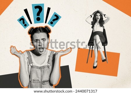 Collage image of two funny confused girl groupmates studying in university together isolated on painted background