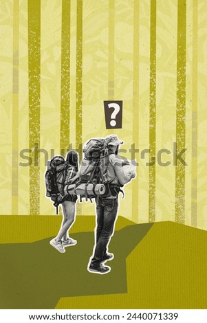 Vertical creative collage poster two expediters lost route way question mark problem find path forest wood nature camping Royalty-Free Stock Photo #2440071339