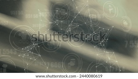 Image of network of connections with icons over blurred background. global business and digital interface concept digitally generated image.