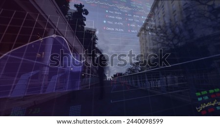 Image of data processing over cityscape. global business and digital interface concept digitally generated image.