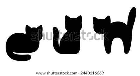 Cartoon black cat silhouette set. Simple icons of cat sitting and scared, isolated vector clip art illustration.