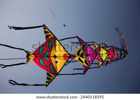 Kites in the shape of snakes, lizards and cartoon characters in the sky.