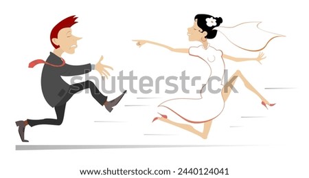 Married wedding couple. Bride runs away from the bridegroom.
Upset bridegroom trying to catch up a runaway bride
