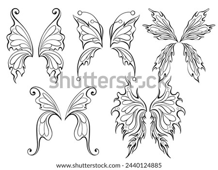 Vector set of contour fairy wings. Collection of line art monochrome different butterfly wings isolated from background. Design elements for coloring books
