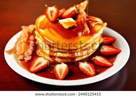 A picture of american style pancakes served with stawberries and bacon and topped with butter and maple syrup
