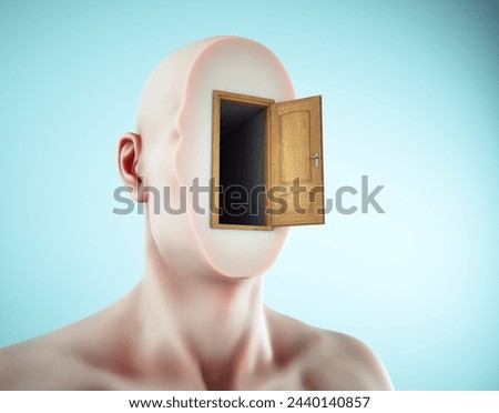 Faceless man with an opened door on head. This is a 3d render illustration