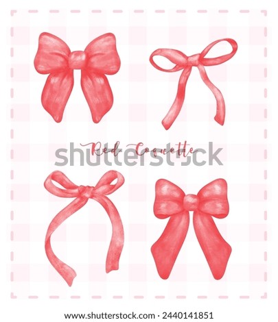 Trendy Red Coquette ribbon bow set aesthetic watercolor hand drawing