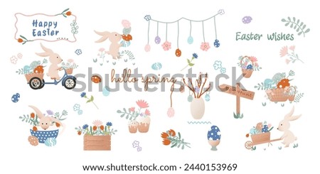 Happy Easter clip art. Set of cartoon characters in retro style. Easter bunny, bicycle with bunny, flowers, basket with Easter eggs, garland, bouquet. Vector illustration