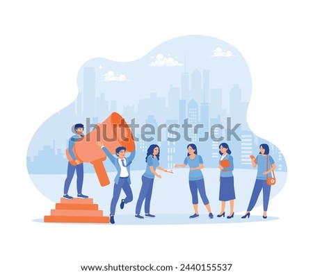 Man holding a large microphone. Providing business promotions to customers. Promotion concept. Flat vector illustration.