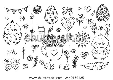 Doodle hand drawn spring easter set. Abstract vector minimalistic sketches of cute little chicks, eggs, butterflies, flowers and other decorative elements on a white background for design, card, print