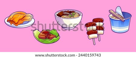 Korean food icon illustration. Korea food meal with rice and noodle vector. Kimchi, bulgogi and gimbap asian cuisine in bowl isolated drawing set for restaurant ads. Cooked tradition street snack