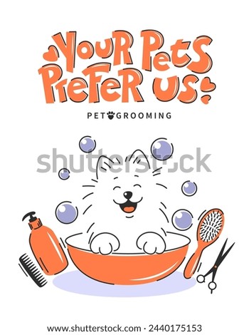 Animal hair grooming salon, haircuts, bathing. Cartoon dog taking a bath full of soapy suds. Handwritten inscription. Dog pet grooming. Vector illustration