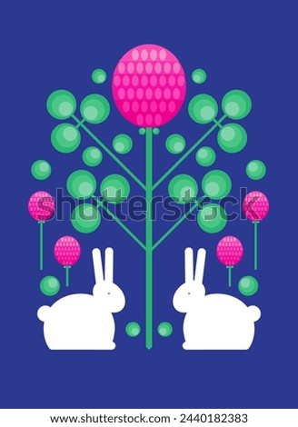 Illustration of the red clover flower and white bunnies in decorative style
