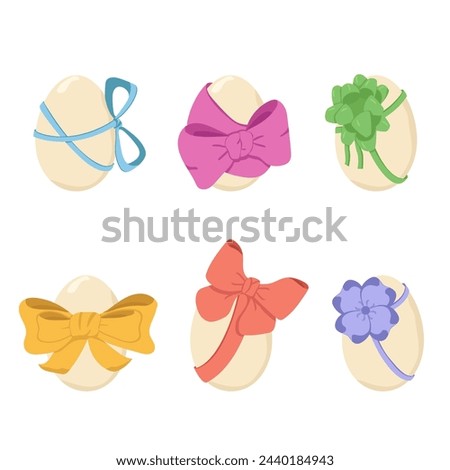 Colored vector illustration with Easter eggs. Set of eggs with bows on a white background. Easter religious holiday concept. Spring design elements for holiday cards.