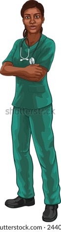 A black woman doctor or female nurse medical healthcare health professional in scrubs illustration