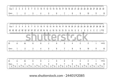 Grids for a ruler in millimeter, centimeter, meter and inch. Metal rulers mm, cm, m scale. metric units measuring scale bars for ruler scale. Tape measure. School tools. Royalty-Free Stock Photo #2440192085