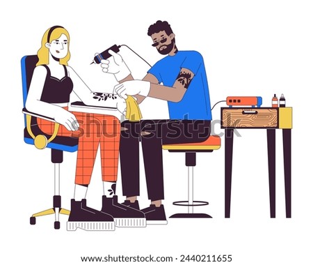 Black artist making tattoo on woman arm 2D linear cartoon characters. Caucasian female tattooing procedure isolated line vector people white background. Body art color flat spot illustration