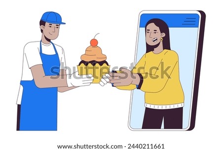 Woman ordering cakes online from baker 2D linear cartoon characters. Confectioners serving client with dessert isolated line vector people white background. E business color flat spot illustration
