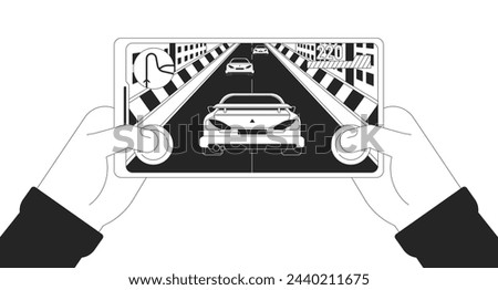 Gamer enjoying online car racing cartoon human hands outline illustration. Interesting mobile game 2D isolated black and white vector image. Gaming hobby flat monochromatic drawing clip art