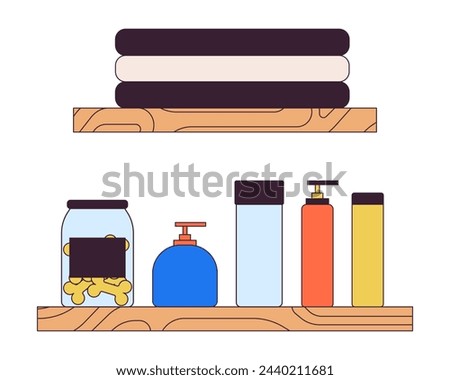 Toiletries on shelves 2D linear cartoon objects set. Cosmetic products, dog treats and towels isolated line vector elements white background. Home interior color flat spot illustration collection