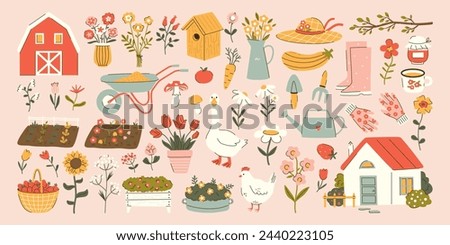 Set of cute cottagecore illustrations. Farmhouse, barn, crops, flowers, goose and chicken. Gardening and countryside lifestyle. Spring and summer village. Vector graphic Royalty-Free Stock Photo #2440223105