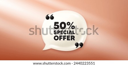 50 percent discount offer tag. Chat speech bubble 3d banner. Sale price promo sign. Special offer symbol. Discount chat message. Speech bubble red banner. Text balloon. Vector