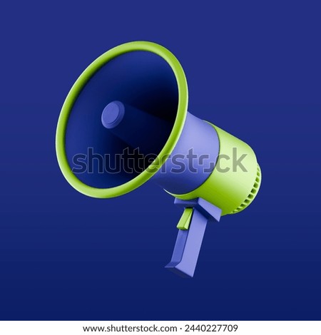 green and violet megaphone isolated on violet background. 3d rendering of bullhorn, file contains a clipping path to isolation.