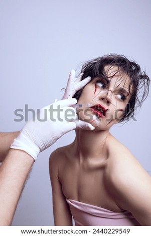 Lip augmentation. Young woman doing facial beauty treatment, visiting cosmetologist to make lips plumper. Concept of modern beauty standards, plastic surgery, health, cosmetology Royalty-Free Stock Photo #2440229549