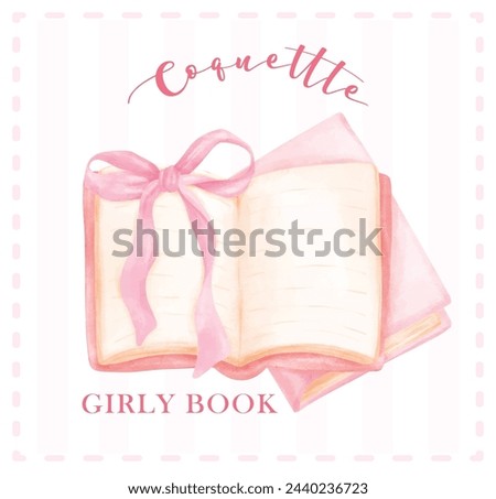 Retro Coquette Books opened with pink ribbon bow Illustration, Trendy preppy Chic Pink Watercolor Art