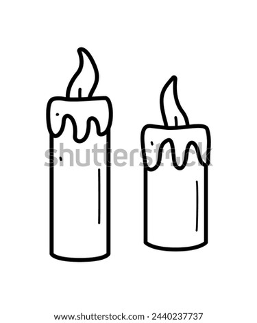 Two icons of a burning candle doodle style. Vector illustration of a wax candle. Isolated on white.