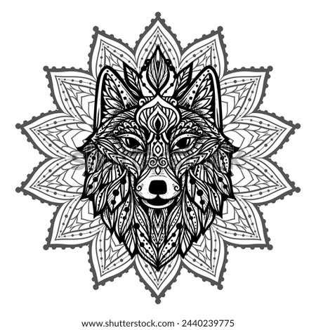 Wolf mandala. Vector illustration. Adult coloring page. Wild Animal in Zen boho style. Sacred, Peaceful. Tattoo print ornaments. Black and white