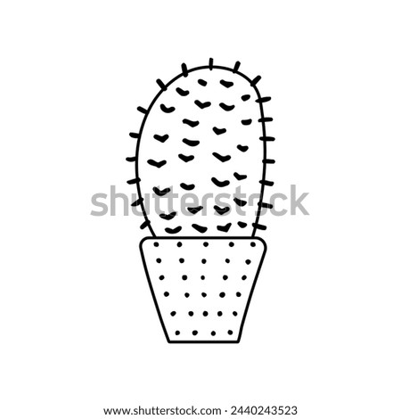 Hand-drawn outline vector cactus isolated on white background. Doodle style illustration of spiny plant, blooming cactus, succulent plant in ceramic pot. Home plant, mexico cactus flower.