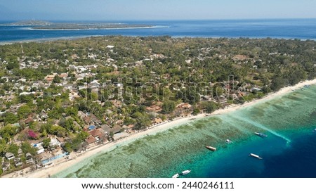 Amazing aerial view of Gili Air coastline on a sunny day, Indonesia.