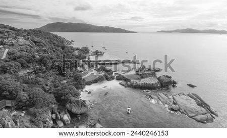 Felicite Island, close to La Digue, Seychelles. Aerial view of tropical coastline on a sunny day. Royalty-Free Stock Photo #2440246153
