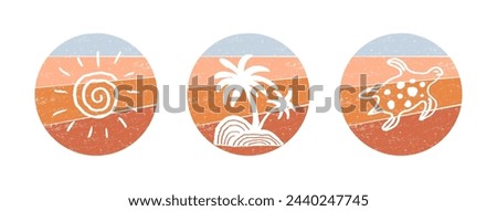 Set of vibrant travel badges featuring sun, turtle, and palm tree icons. Perfect for wanderlust-themed designs, stickers, prints. Vector clip art with transparency set on warm abstract background.
