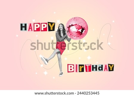 Photo collage of young funny woman congratulations celebrate happy birthday and holding pink disco ball isolated on pastel background