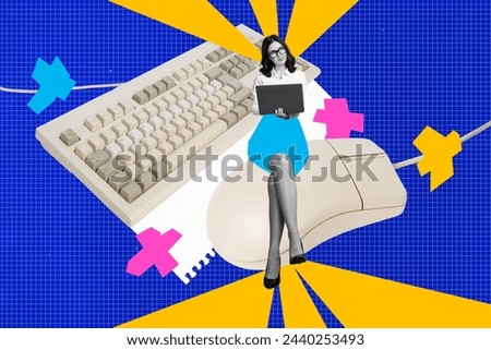 Artwork creative illustration collage of young copywriter woman worker sitting in coworking using laptop mechanical keyboard and mouse