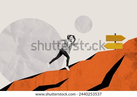 Composite photo collage of young surprised girl climb run mountain competition race pointer turn arrow rise isolated on painted background