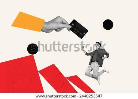 Composite trend artwork sketch 3D photo collage of excited guy jump reach out huge hand hold bank credit card get deposit credit money