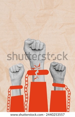 Human rights day collage placard illustration of fists up fight revolution activist crowd destroy chains isolated on beige color background Royalty-Free Stock Photo #2440253557