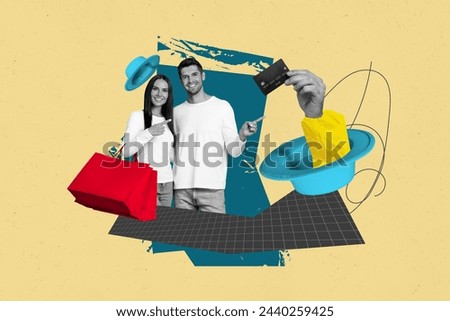 Creative picture collage young couple showing credit bank card online cashless payment shopaholics black friday drawing doodles