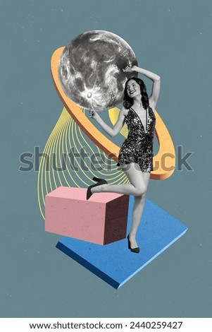 Vertical creative collage picture young smiling woman dancer elegant attractive dress festive party event moon planet nightlife