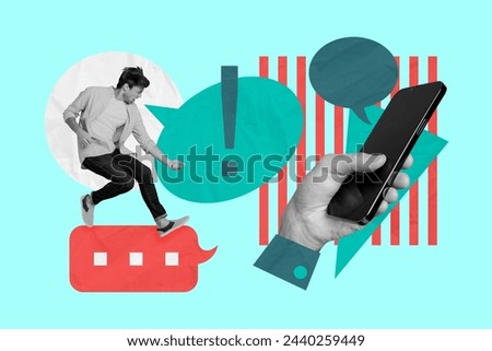 Composite photo collage of young angry guy dance textbox bubble hand hold iphone correspondence isolated on painted background