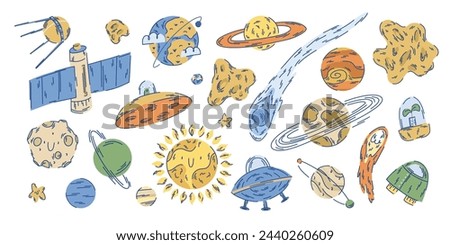 Large set of space illustrations with planets, stars and spaceships