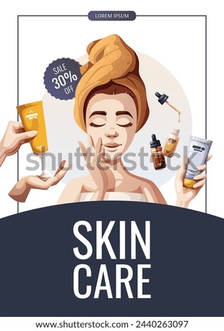 Flyer design with woman and beauty cosmetics. Beauty, skin care, cosmetic, spa concept. Vector illustration for banner, promo, sale, poster.