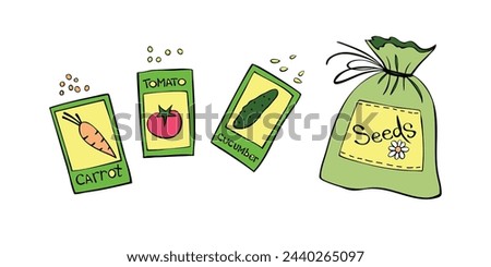 Set pouch of seeds. Vector hand drawn colorful illustration, clip art in doodle flat style. Theme of gardening farming agriculture