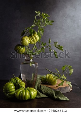 Modern still life with a bouquet of green tomatoes on a dark background.
