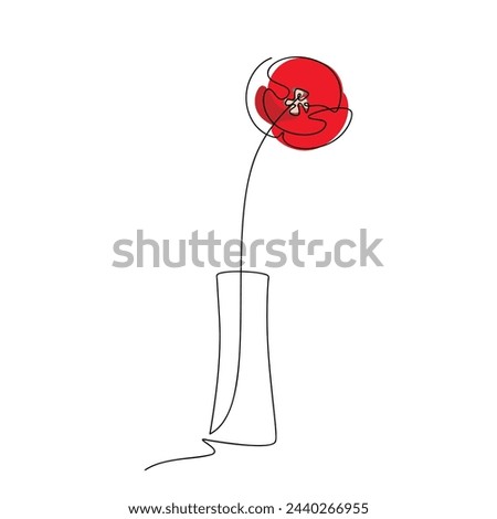 Abstract red poppy flower in vase. Hand drawn vector illustration. Linear contour icon. Line continuous drawing. Floral design, botanical print, card, wall art poster, logo, doodle, symbol.