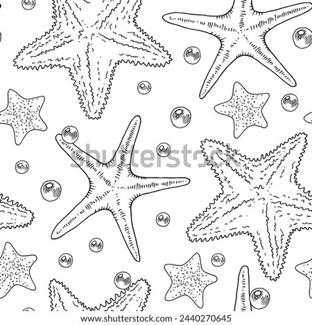 Starfish Vector seamless Pattern. Outline illustration of sea star Background. Black and white line art. Hand drawn graphic sketch. Linear print drawing for wrapping paper and fabric Royalty-Free Stock Photo #2440270645