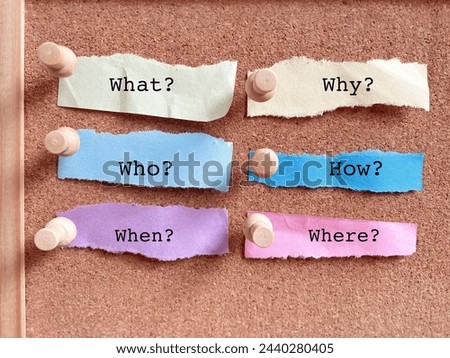 What why who how when where questions on torn papers background. Stock photo.